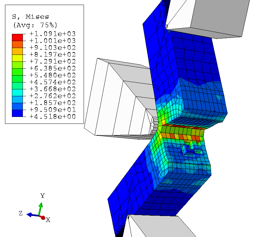 The Abaqus animation of the fracture propagation in the Charpy test.